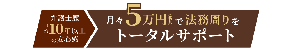 月ケ5万円（税別）で 法務周りをトータルサポート 弁護士歴 平均10年以上 の安心感