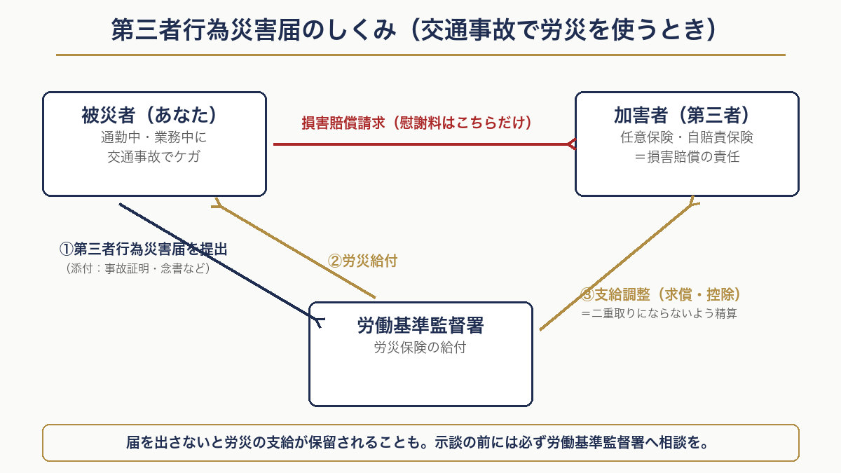 第三者行為災害届のしくみ(被災者・加害者・労働基準監督署の関係図)